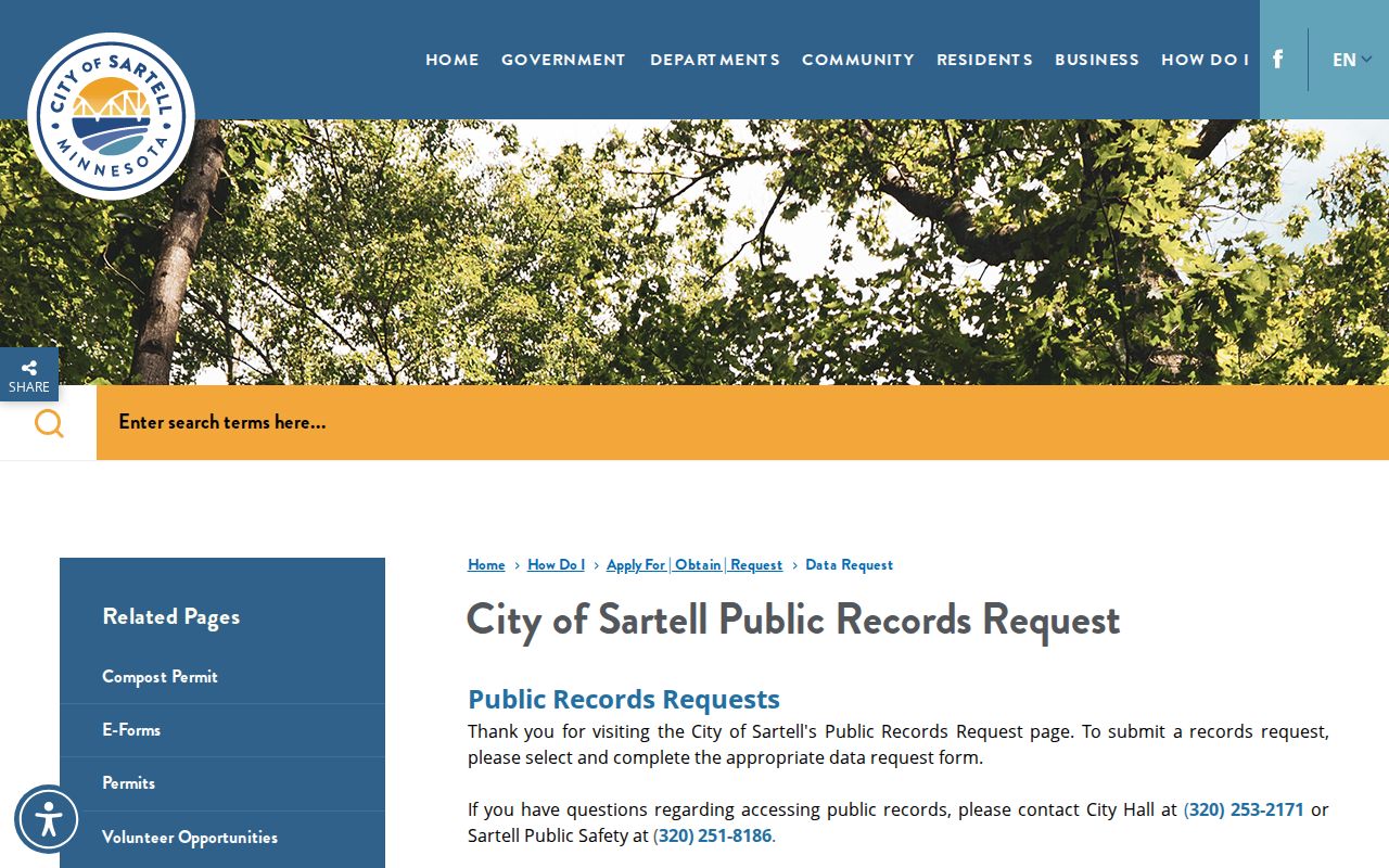 Sartell warrant records: municipal public record request page for city police documents