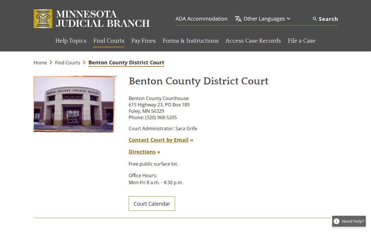 Benton County warrant records: District Court courthouse address, hours, and jurisdiction