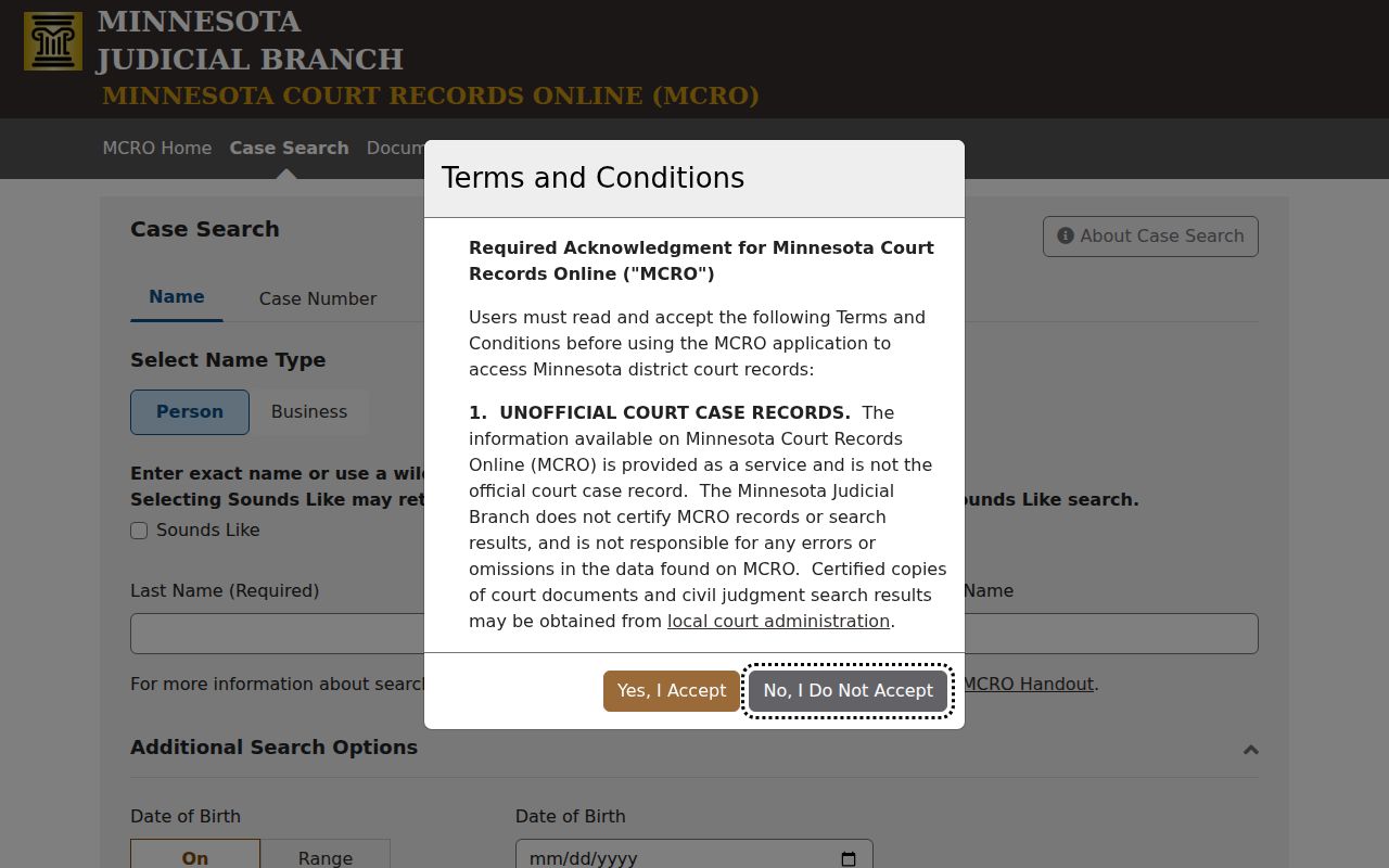 Benton County warrant records: Minnesota Court Records Online search landing page